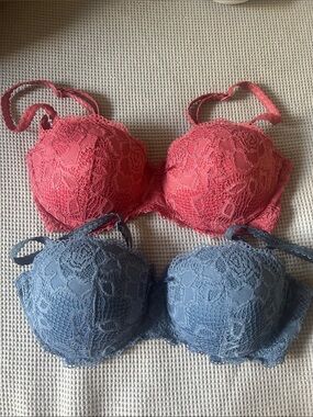 La Vie En Rose Lace Push-Up Bras in Coral and Dusty Blue (Set of 2)